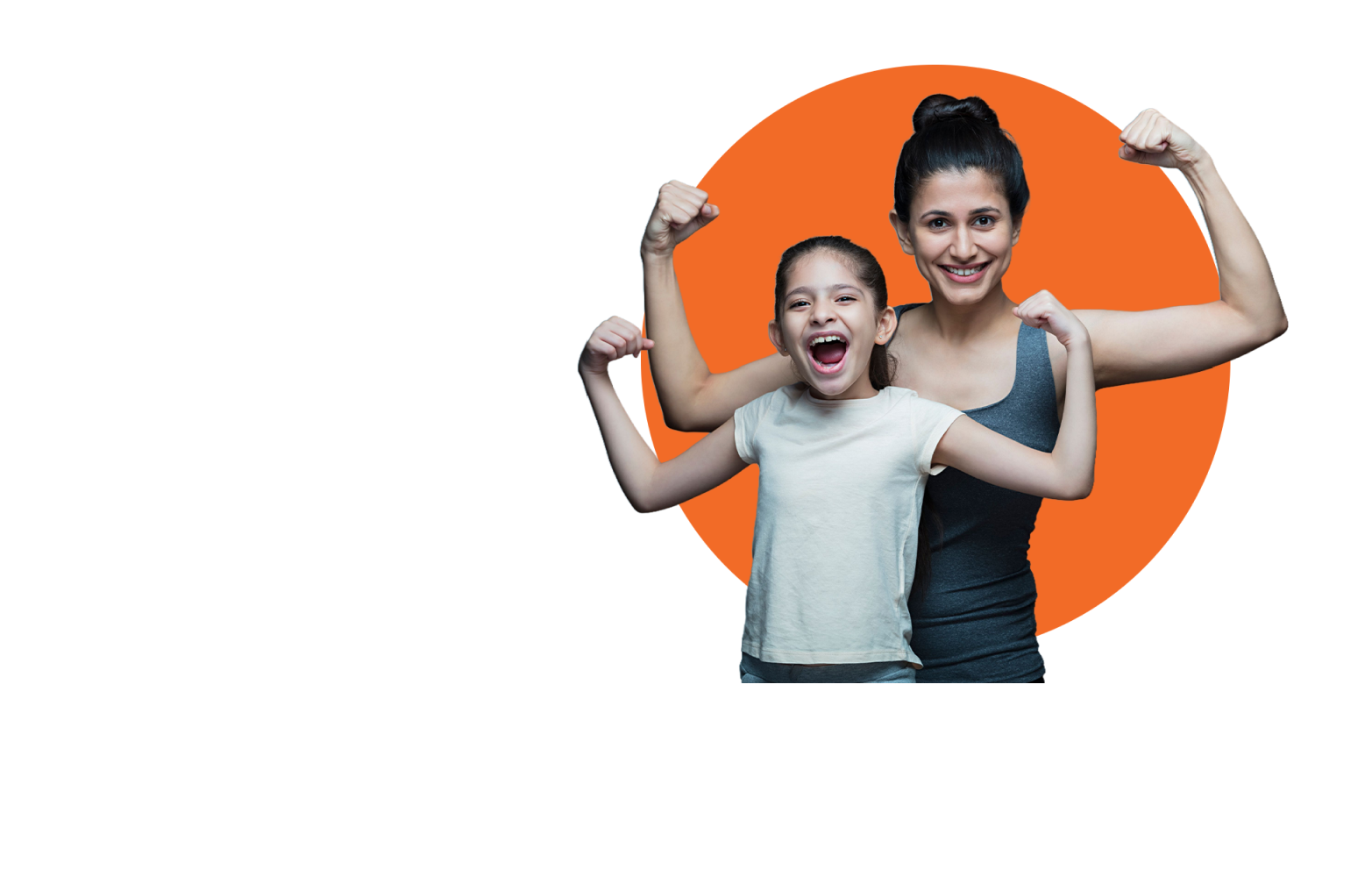 A woman and a girl smiling and flexing their arms together.